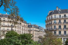 some very tall buildings with balconies and trees in the foreground on a sunny day