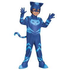 a boy in a blue cat costume standing with his arms out and hands up to the side