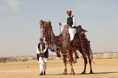 two men standing next to each other on top of a camel