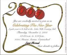 a new year's eve party card with two red balls hanging from a string