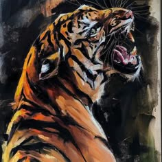 a painting of a tiger with its mouth open