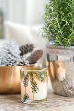 two candles are sitting on a table next to pine cones and evergreen branches in gold vases