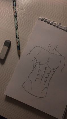 a drawing of a man's torso next to a cell phone and pencil on a table