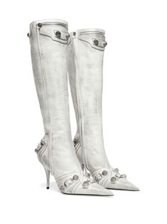 Cagole point-toe boots from BALENCIAGA featuring optical white, lambskin, pointed toe, stud embellishment, zip details, silver-tone hardware and stiletto heel.Heel 9 cm Balenciaga Outfit, White Heel Boots, Balenciaga Skirt, Cristobal Balenciaga, Balenciaga Boots, Ellie Shoes, Knee Length Boots, Boots White, Latest Fashion Design