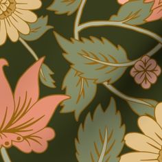 an image of a flower wallpaper with many flowers on it's side and leaves in the middle