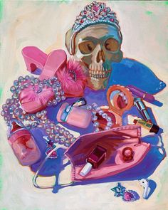 a painting of a skull with pink accessories