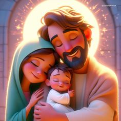 a painting of jesus holding a baby in his arms and smiling at the viewer with shining light behind him