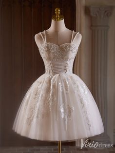 Ivory Beaded Lace Applique Homecoming Dresses Spaghetti Strap Lace Up – Viniodress