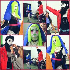 a collage of photos with people dressed in costumes and wigs, one woman is talking on her cell phone