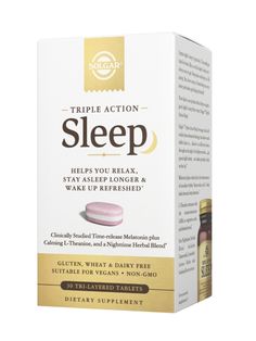 A great night’s sleep. A great day. They really go hand-in-hand. But, a restful night’s sleep isn’t always easy to get. Sleep aids can help you fall asleep. But, how many of them help you stay asleep and wake up feeling refreshed? |  | Now there’s one product that helps you get a good night’s sleep three ways: Solgar® Triple Action Sleep. |  | Solgar® Triple Action Sleep leverages clinically studied time-release technology that allows each tablet layer to dissolve at different times throughout t Get Sleep, Lemon Balm Extract, L Theanine, Sleep Support, Valerian Root, Sleep Help, Sleep Cycle, Fall Asleep Faster, When You Sleep