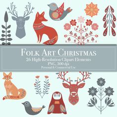 folk art christmas clipart elements