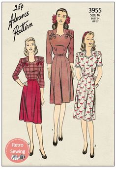 1940s Frock with sweetheart neckline with or without ruffles and a side placket fastening that you can either close with snaps or a zip. The skirt is paneled and the sleeves can be short or long. There is a belt to match with or without a bow and you finish the front bodice with a bow either side on Tea Dress Pattern, 1940s Costume, Blithe Spirit, Patron Vintage, Fashion 1940s, Dresses By Pattern, Pretty Tea, Home Sewing, Vintage Dress Patterns