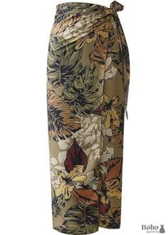 Boho Skirts in Wrap Skirt Green Tropical For Women - S - Long Pencil Skirt, Midi Wrap Skirt, Hippie Skirts, Flower Leaves, Wrap Maxi Skirt, Leaves Print, Boho Skirts, Skirt Vintage, Green Skirt