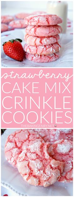 strawberry cake mix crinkle cookies are stacked on top of each other