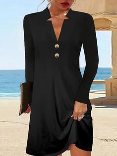 Women's Long Sleeve Spring/Fall Plain Dress V Neck Daily Going Out Casual Midi H-Line Fit & Flare Dress V Neck Black Dress, Jersey Pattern, Sukienki Plus Size, Flare Long Sleeve, Plain Dress, Plus Size Kleidung, Vestido Casual, Daily Dress, Long Sleeve Midi