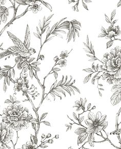 Simply beautiful and wonderfully monochromatic, this delicate floral trail belongs on a wall (or four) in your home. Birds perch amongst the curling vines and flowers lending to its organic and fresh energy. Charcoal Longwood Peel and Stick Wallpaper comes on one roll that measures 20.5 inches wide by 18 feet long. NuWallpaper 30.75-sq ft Gray Vinyl Floral Self-adhesive Peel and Stick Wallpaper | NUS3832 Trailing Flowers, Brewster Wallpaper, Brewster Wallcovering, A Street Prints, Large Scale Floral, Monochromatic Color Scheme, Bird Wallpaper, Organic Colors, Pip Studio