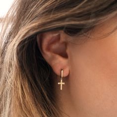 Ear Stack, Huggie Earrings, Gold Cross, Pure Gold, Huggies Earrings, Snap Closure, Gold Earrings, Solid Gold, Diamond Earrings