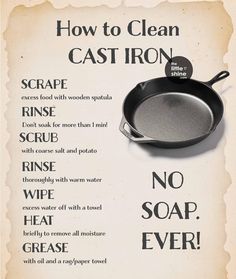 an old fashioned cast iron skillet with instructions on how to clean and use it