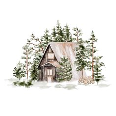 a drawing of a cabin in the woods with snow on the ground and trees around it