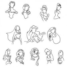 some disney princesses are drawn in black and white