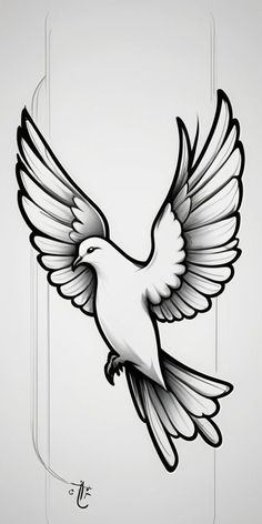 a drawing of a white bird with wings spread out in front of it's body