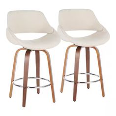 pair of modern bar stools with wooden legs and white upholstered leather seat