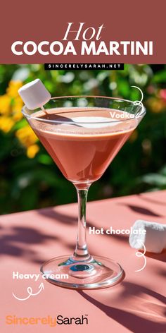 a pink cocktail with ice cubes on the rim and text that reads hot cocoa martini