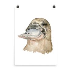 a watercolor painting of a duck's head with its beak open and tongue out