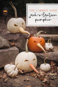 pumpkins with faces carved into them sitting on the ground