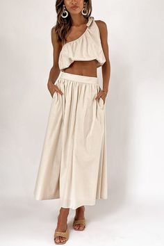 One Shoulder Crop Maxi Skirts Set Skirt Two Piece, Cropped Wide Leg Pants, Mid Length Skirts, Maxi Skirts, Women Set, Two Piece Dress, Two Piece Set, One Piece Swimwear, Two Piece Sets