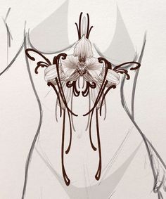 a drawing of a woman's torso with a flower in the center and an intricately designed back