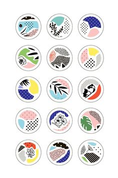 nine circular stickers with abstract designs on them, all in different colors and shapes