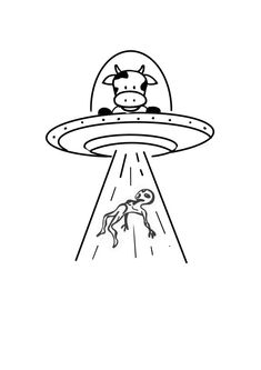 an alien flying through the sky with a cow on it's back