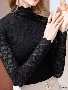 Eromis - Womens Elegant Contrast Lace Slim Blouse with Mock Neck and Long Sleeves Slim Blouse, Elegant Fabric, Clean Style, Lace Pattern, Sleeve Detail, Style Elegant, Types Of Collars, Stand Collar, Polyester Material