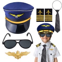 PRICES MAY VARY. 【Package Included】You will receive a kids pilot cap,a pair of aviator sunglasses,a tie,a pin and a pair of epaulets,5 pieces of pilot dress up accessories in total.When wearing this will make your boys look handsome and dashing,which will enhancing the pleasure of the pilot role playing. 【Pilot Hat for Kids】The captain hat features navy blue fabric with gold wing patch on front and a black visor,made of polyester fabric and shiny PU leather,plastic lining baffle making the cap w Pilot Costume, Pilot Hat, Pilot Uniform, Hat For Kids, Aviator Hat, Baby Boy Accessories, How To Look Handsome, Navy Blue Fabric, Pilot Sunglasses