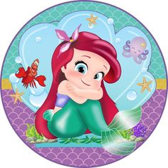 the little mermaid is sitting in front of an ocean scene with fish and starfish