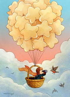 a painting of a man in a basket flying through the sky while holding onto a parachute