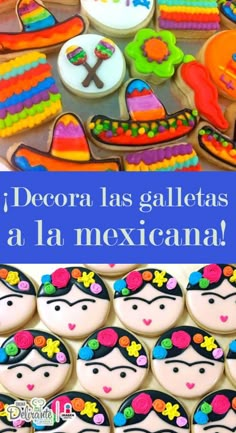 some decorated cookies with the words happy birthday in spanish and an image of mexican women