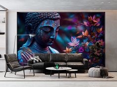 a living room with a couch, coffee table and large mural on the wall behind it