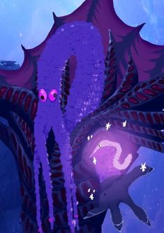 an octopus with pink eyes and purple tentacles