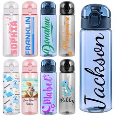 six water bottles with different designs on them