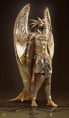 a gold statue with large wings on it's head and arms, standing in front of a dark background