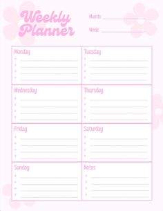 a pink weekly planner with flowers on it