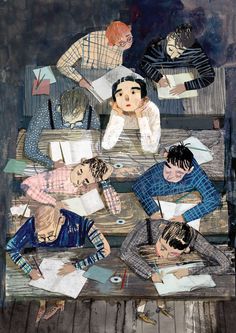 a painting of people sitting at a table with books and papers in front of them