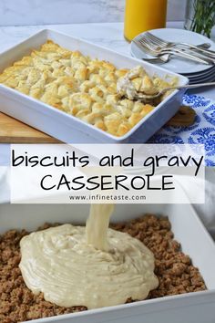 a casserole dish with biscuits and gravy being poured into it