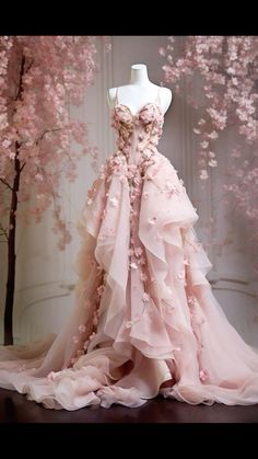 Pink Cherry Blossom Wedding Dress, Fairy Style Dress Gowns, Fairytale Pink Dress, Wedding Dress Cherry Blossom, Pink Elegant Dress Prom, Fairytale Inspired Dress, Pink Floral Ball Gown, Fairy Theme Wedding Dress, Pretty Gowns Princesses