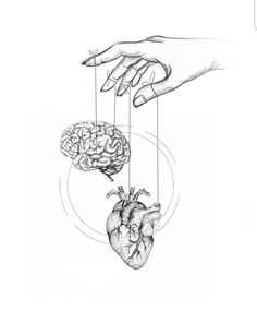 two hands holding strings connected to a human heart and the other hand reaching for it