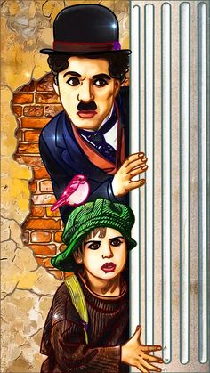 a painting of two people peeking out from behind a brick wall, with one man holding the other