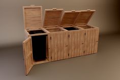 an open wooden box with two doors on the inside