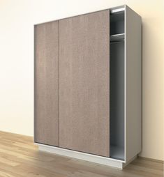 an empty cabinet in the corner of a room with wood flooring and white walls